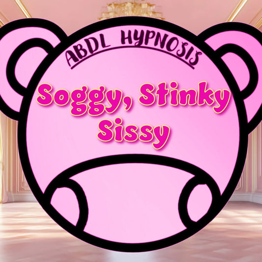 Pink bear diaper with text 'ABDL Hypnosis Soggy, Stinky Sissy' in a luxurious room.